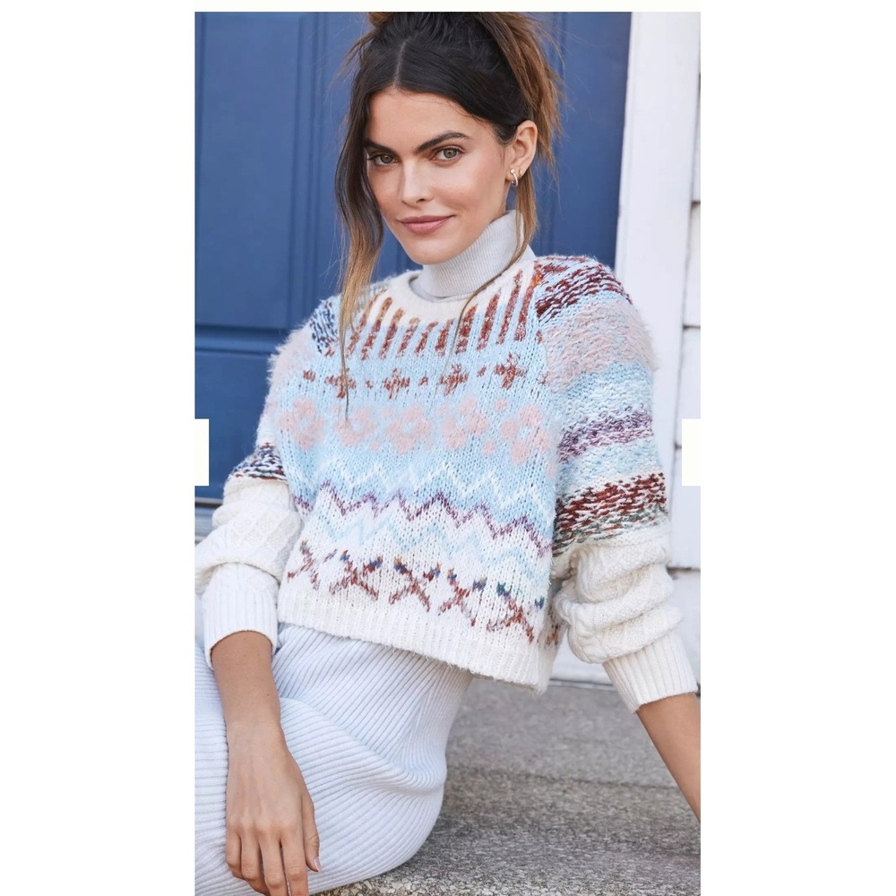 Daily Practice Anthropologie Plush Cropped Sweater L Blue Cream Fair Isle